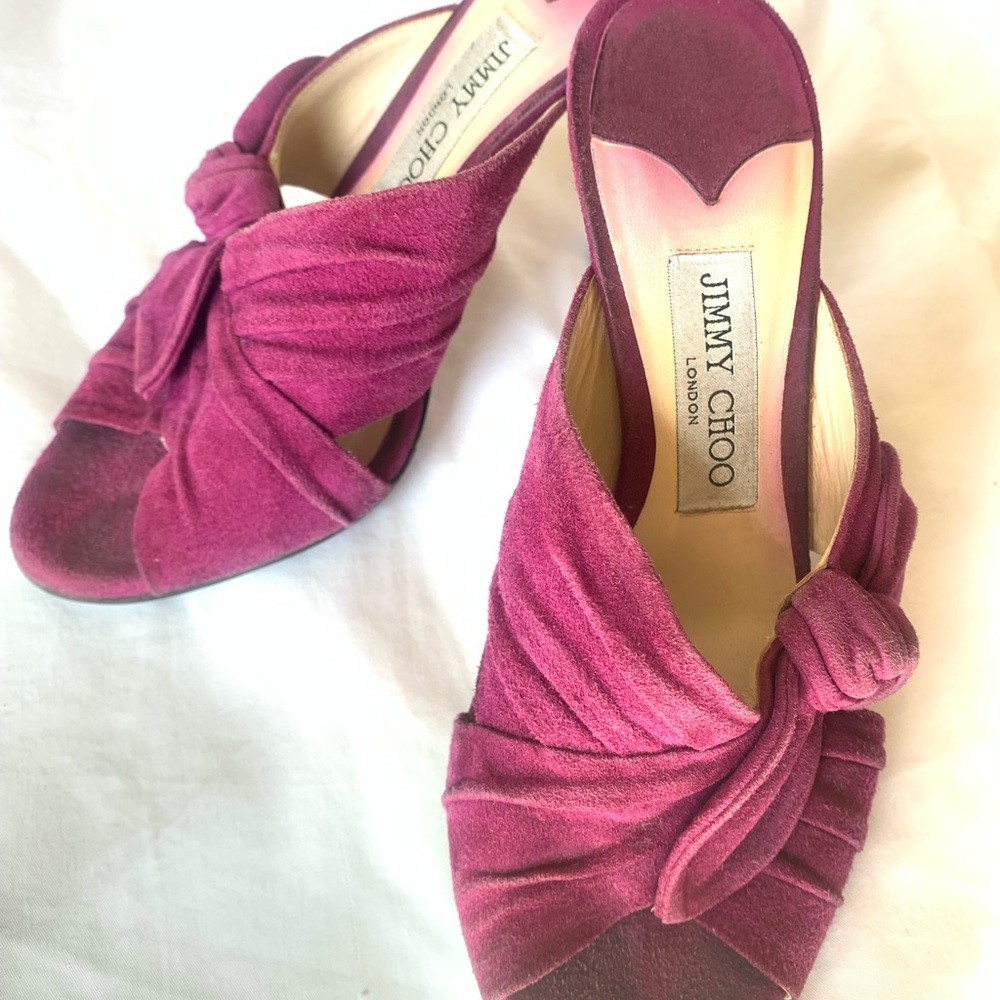 Jimmy Choo London Avenue Pleated Twist Suede Heels, Sz 38.5 Magenta w/ DUST BAG
